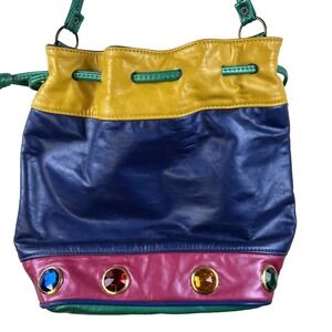 VTG Samir Leather Colorblock Bucket Purse Bag Jewel Embellished Drawstring 1980s